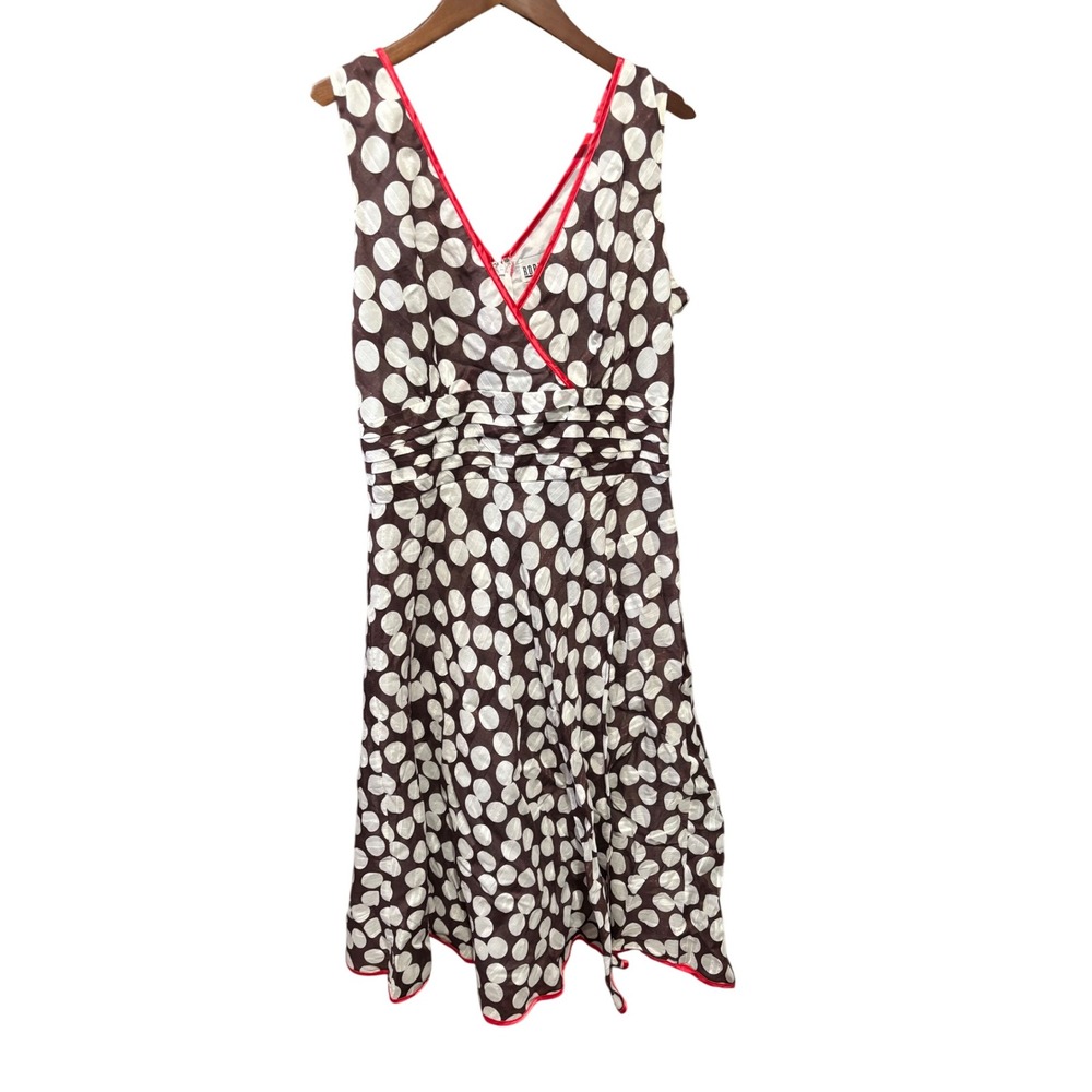 Robe Di Kappa Brown‎ & White Polka Dot Cotton Dress w/ Red Trim - Women's